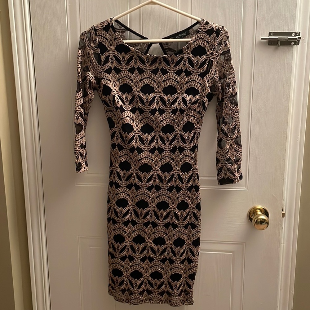 Gold embroidered body con dress